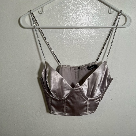 Boohoo Satin Diamante Strap Corset Top Silver 6 - Picture 3 of 8